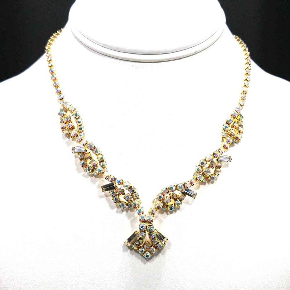 Vintage Aurora Borealis Rhinestone Choker Necklace Gold Plated 1960s
